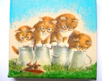 Kittens en muis mooie kleine collage en acryl schilderij 12X12 cm.
