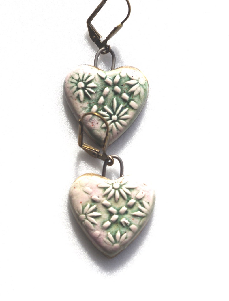 Romantic earrings flowers hearts gray pink, handcrafted ceramics. image 4