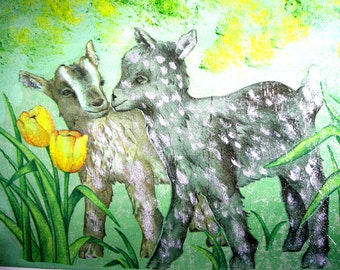 Tableau collages  acrylique et vernis les petites chèvres et les tulipes.
