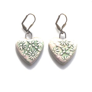 Romantic earrings flowers hearts gray pink, handcrafted ceramics. image 1