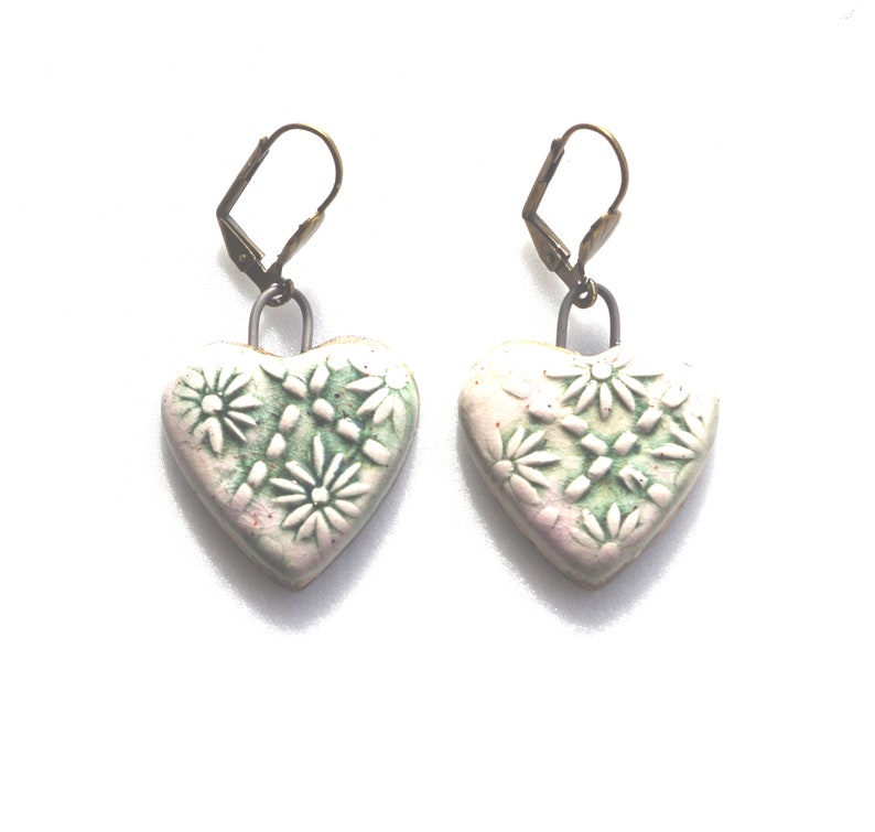 Romantic earrings flowers hearts gray pink, handcrafted ceramics. image 1