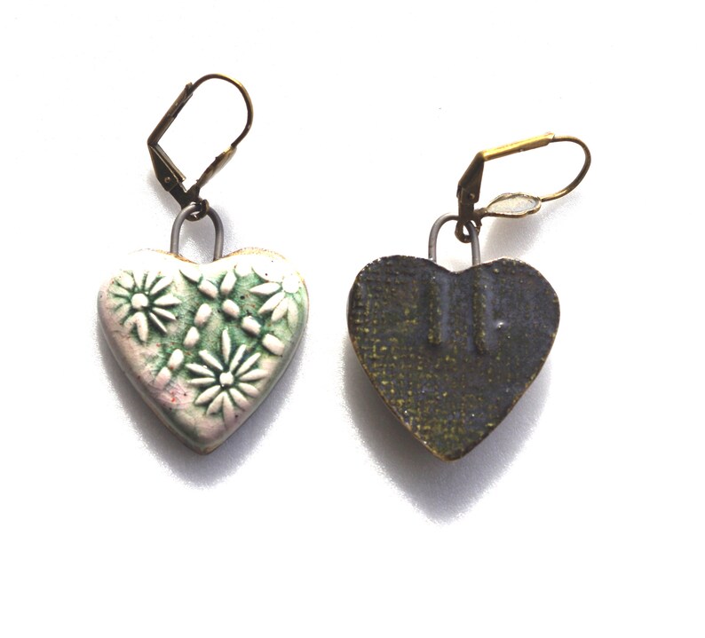 Romantic earrings flowers hearts gray pink, handcrafted ceramics. image 3