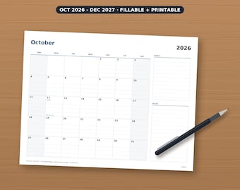 May include: A white monthly calendar page for October 2026 with a grid layout, a goals section, and a notes section. The text reads OCT 2026 - DEC 2027 FILLABLE + PRINTABLE. A black and silver pen rests on the bottom right corner of the paper.