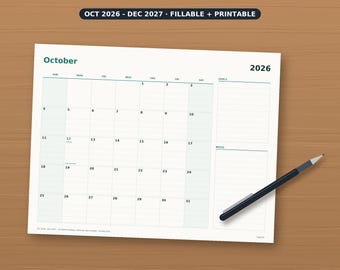 May include: A printable monthly calendar page for October 2026 with a grid layout, sections for goals and notes, and a black pen resting on the side. The header text reads OCT 2026 - DEC 2027 - FILLABLE + PRINTABLE.