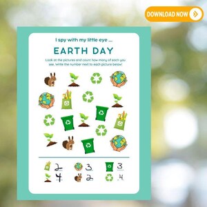 Earth Day activity sheet, I Spy game, kids printable worksheet