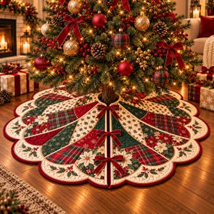 May include: A round, quilted Christmas tree skirt featuring a patchwork design of red and green plaid, cream fabric with snowflake patterns, and poinsettia floral motifs. The scalloped edge is trimmed in red, secured by three red velvet bows.
