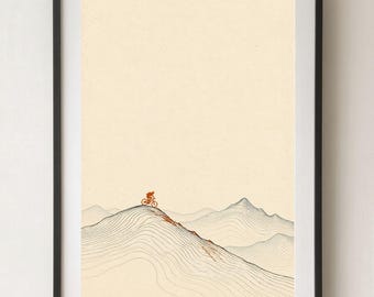 Può includere: Una stampa d'arte incorniciata con un disegno a linee minimalista di una catena montuosa in inchiostro nero su sfondo color crema, con una piccola sagoma arancione di un ciclista in bicicletta sulla cresta del monte.