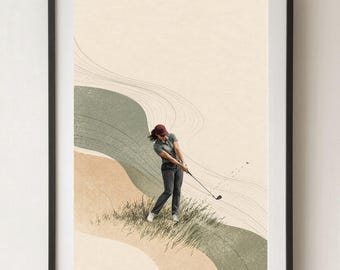 Può includere: Una stampa artistica incorniciata che raffigura una persona che gioca a golf con polo scura, pantaloni scuri e berretto bordeaux mentre oscilla una mazza da golf. Lo sfondo è composto da forme astratte a strati in toni verde e beige con linee sottili.