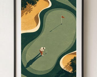 Può includere: Una stampa artistica incorniciata che mostra una vista dall'alto di un green da golf. Un golfista con camicia bianca e pantaloni arancioni si trova sul green vicino a una pallina e una mazza. Una bandiera rossa segna la buca, con bunker.