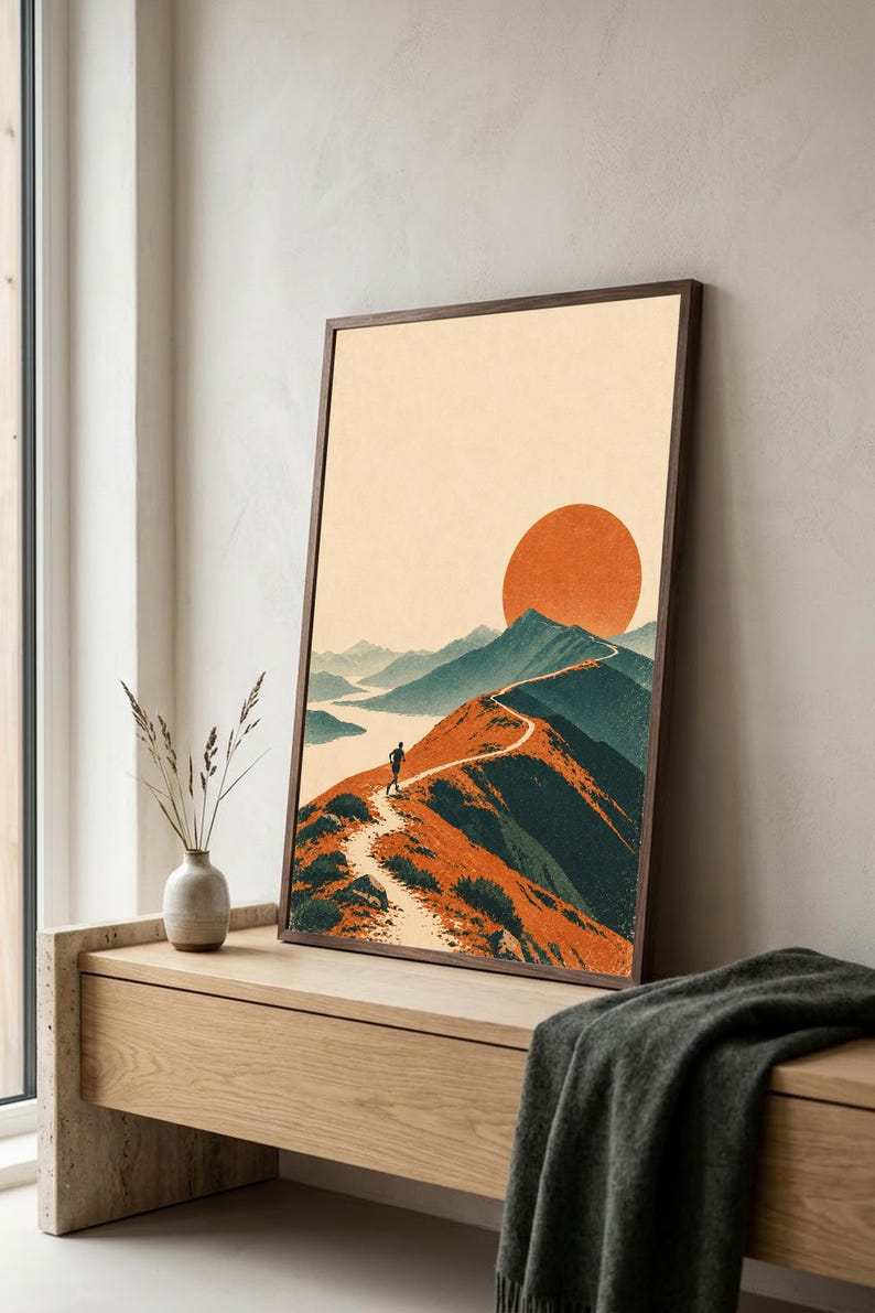 Peut inclure: Une impression d'art mural verticale encadr&eacute;e repr&eacute;sentant une illustration de paysage avec une personne courant sur un sentier sinueux le long d'une cr&ecirc;te montagneuse. Le d&eacute;cor inclut des montagnes bleu fonc&eacute;, un soleil orange textur&eacute; et un ciel cr&egrave;me.