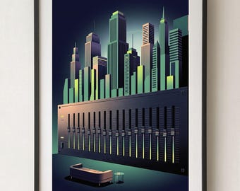 Può includere: Una stampa d'arte incorniciata raffigurante un paesaggio urbano scuro di grattacieli in tonalità di verde, blu e viola. Sotto lo skyline si trova una grande console di missaggio audio nera con diversi fader, un piccolo divano e un tavolino in primo piano.
