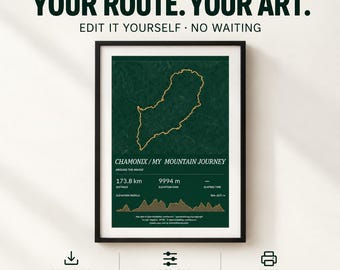 Modello di poster per trail running Alpine Memories in formato GPX, mappa topografica verde, modificabile autonomamente.