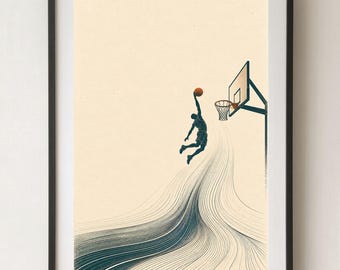 Può includere: Una stampa artistica incorniciata che mostra la sagoma scura di un giocatore di basket a mezz'aria, mentre esegue una schiacciata con un pallone arancione. Sotto, linee blu scuro fluide creano un motivo a onde verso il canestro.