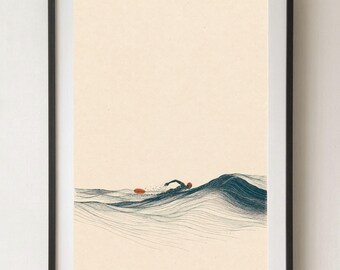 Peut inclure: Une impression d'art encadrée représentant une illustration au trait d'un nageur à l'encre bleu foncé sur fond crème. Le nageur se déplace à travers des vagues stylisées bleu foncé avec une petite bouée orange dans l'eau.