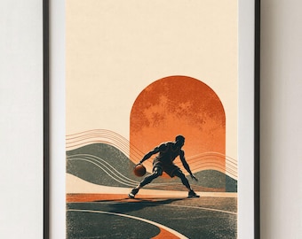 Peut inclure: Une impression d'art encadrée représentant la silhouette d'un joueur de basket dribblant sur un terrain. L'arrière-plan montre un grand soleil orange, des lignes ondulées abstraites et un sol sombre, le tout dans des tons sourds.