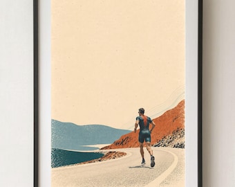 Può includere: Una stampa artistica incorniciata che ritrae una persona che corre con abbigliamento sportivo blu scuro lungo una strada costiera tortuosa. L'immagine presenta un mare blu profondo, colline arancioni scoscese e un cielo color crema.