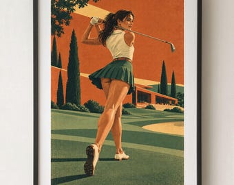 Può includere: Una stampa d'arte incorniciata che ritrae una persona che gioca a golf, indossando un top bianco senza maniche e una gonna a pieghe verde scuro. Lo sfondo presenta un cielo arancione, alti cipressi e un edificio moderno. Impugna una mazza da golf.