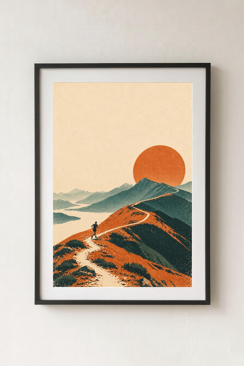 Peut inclure: Une impression d'art encadr&eacute;e repr&eacute;sentant un coureur sur un sentier de montagne sinueux. L'image montre un grand soleil orange se couchant derri&egrave;re des sommets bleu fonc&eacute;, avec un plan d'eau &agrave; gauche et des pentes orang&eacute;es au premier plan.