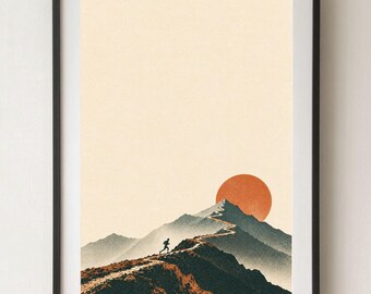 Op de afbeelding: Een ingelijste kunstdruk met het silhouet van een persoon die over een bergkam naar een grote oranje zon rent. Het landschap is weergegeven in tinten donkerblauw en oranje tegen een crèmekleurige achtergrond, gevat in een zwarte lijst.