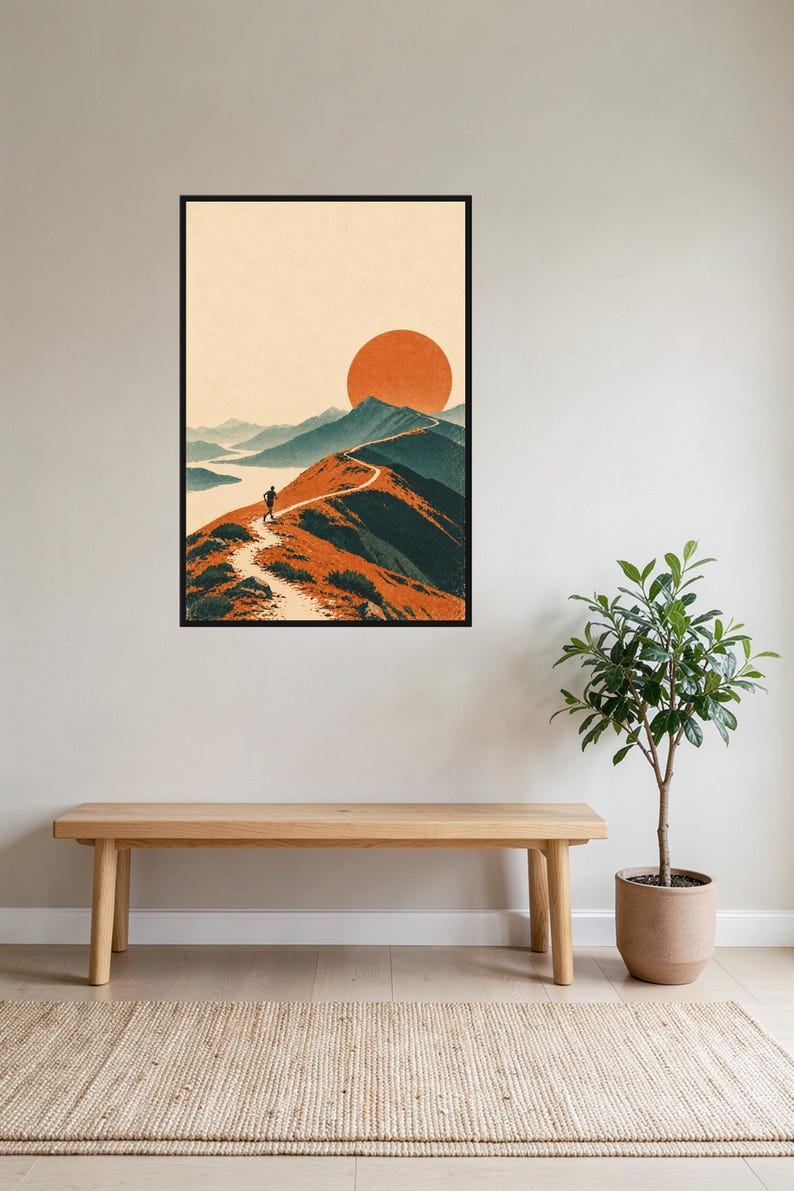 Peut inclure: Une impression d'art mural encadr&eacute;e repr&eacute;sentant une illustration de paysage avec une personne courant sur un sentier de montagne sinueux. La sc&egrave;ne comprend des montagnes bleu fonc&eacute;, un soleil orange vif et un ciel clair, le tout dans un cadre noir.