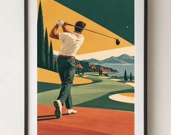 Può includere: Una stampa artistica incorniciata che raffigura un golfista con camicia bianca e pantaloni scuri che oscilla una mazza su un campo. La scena presenta un fairway verde, alti cipressi, una catena montuosa lontana e acqua sotto un cielo giallo.