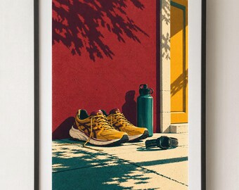 Può includere: Una stampa d'arte incorniciata raffigurante un paio di scarpe da ginnastica gialle, una borraccia color verde acqua e un orologio digitale nero su una superficie pavimentata contro una parete rossa e un telaio di porta giallo.