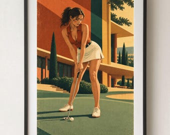 Può includere: Una stampa d'arte incorniciata raffigurante una persona con un top senza maniche color ruggine e una gonna bianca su un campo da golf verde. La persona impugna una mazza da golf, pronta a colpire una pallina bianca, davanti a un edificio.