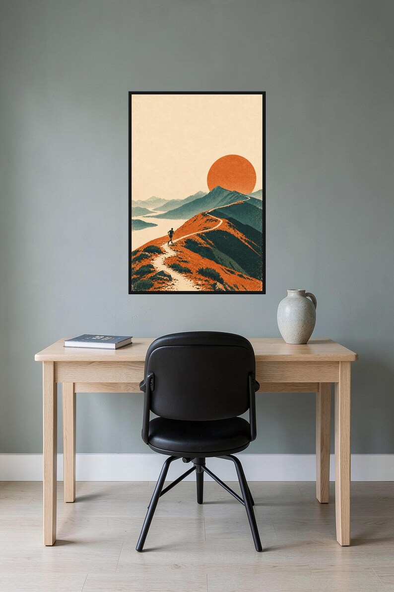 Peut inclure: Une impression d'art mural encadr&eacute;e repr&eacute;sentant une illustration de paysage avec une personne courant sur un sentier de cr&ecirc;te montagneuse. La sc&egrave;ne montre un grand soleil orange se couchant derri&egrave;re des sommets bleut&eacute;s et un sentier sinueux.