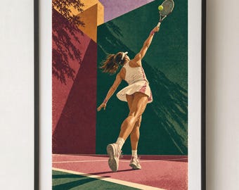 Può includere: Una stampa artistica incorniciata raffigurante un tennista in abbigliamento bianco che serve una pallina gialla su un campo. La scena presenta pareti geometriche in rosso scuro, giallo e verde scuro con ombre lunghe, in un'illustrazione grafica testurizzata.