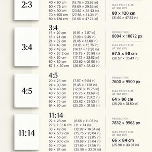 Puede incluir: Una tabla de gu&iacute;a de tama&ntilde;os titulada AVAILABLE SIZES que enumera las relaciones de aspecto 2:3, 3:4, 4:5, 11:14 y A-SERIES. Muestra varias dimensiones en cent&iacute;metros y pulgadas, junto con la resoluci&oacute;n y el tama&ntilde;o m&aacute;ximo de impresi&oacute;n a 300 DPI.