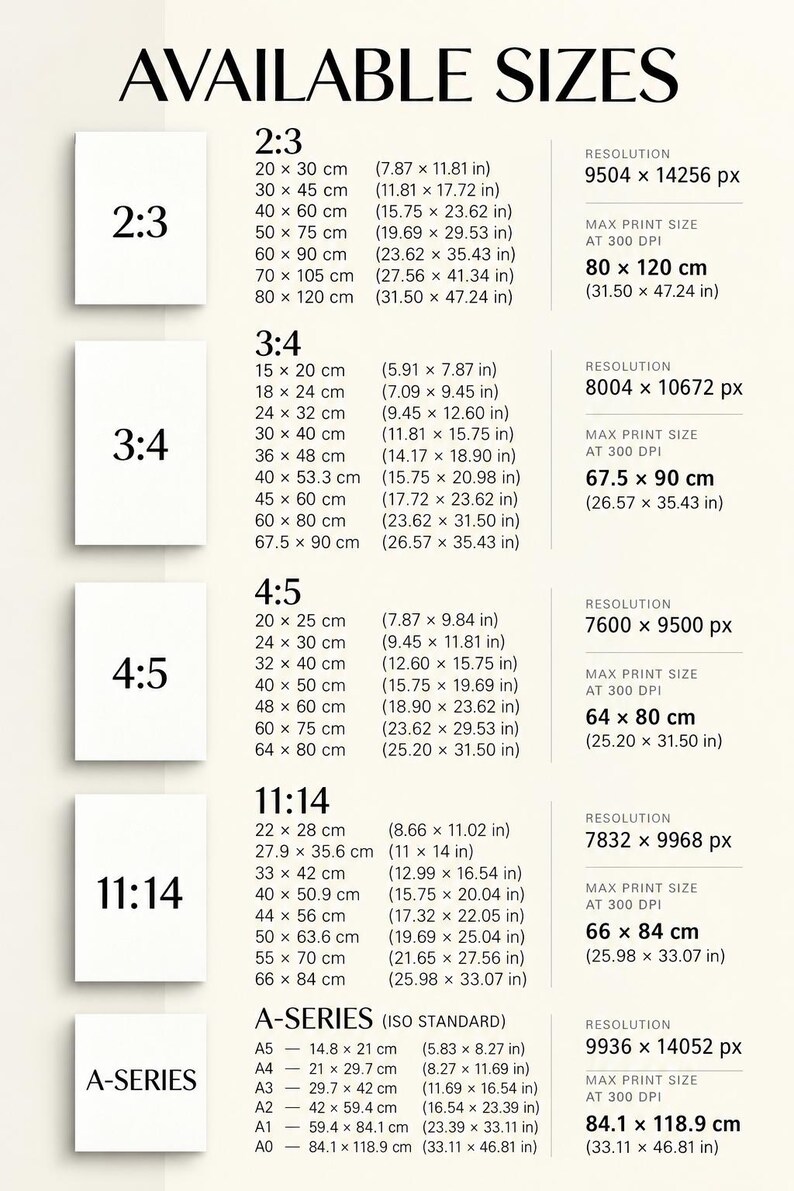 Puede incluir: Una tabla de gu&iacute;a de tama&ntilde;os titulada AVAILABLE SIZES que enumera las relaciones de aspecto 2:3, 3:4, 4:5, 11:14 y A-SERIES. Muestra varias dimensiones en cent&iacute;metros y pulgadas, junto con la resoluci&oacute;n y el tama&ntilde;o m&aacute;ximo de impresi&oacute;n a 300 DPI.