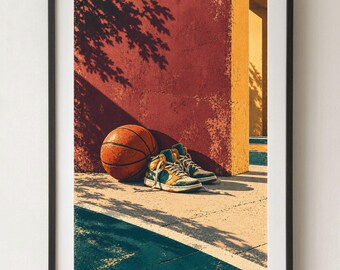 Può includere: Una stampa artistica incorniciata raffigurante un pallone da basket arancione appoggiato contro una parete rossa ruvida accanto a un paio di scarpe da ginnastica alte nei toni del verde, giallo e bianco, con ombre di alberi sul suolo.