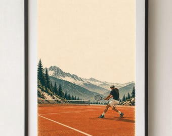 Può includere: Una stampa artistica incorniciata che ritrae una persona che gioca a tennis su un campo in terra battuta. La scena mostra un giocatore con maglietta scura e pantaloncini bianchi, con uno sfondo di fitte pinete e cime montuose innevate.