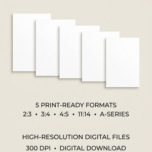 Op de afbeelding: Vijf lege witte rechthoekige vellen papier in een trapsgewijze opstelling. De tekst luidt: WHAT YOU GET, 5 PRINT-READY FORMATS 2:3, 3:4, 4:5, 11:14, A-SERIES, HIGH-RESOLUTION DIGITAL FILES 300 DPI, DIGITAL DOWNLOAD, NO PHYSICAL PRODUCT.