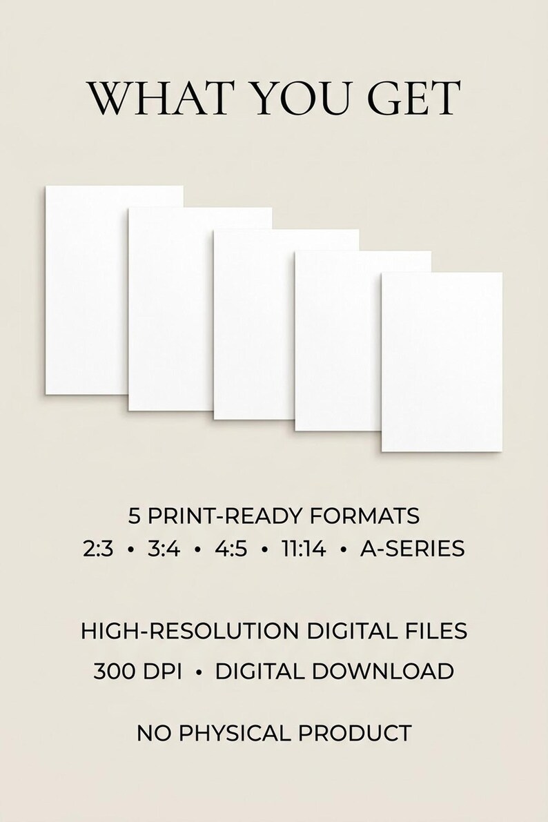 Op de afbeelding: Vijf lege witte rechthoekige vellen papier in een trapsgewijze opstelling. De tekst luidt: WHAT YOU GET, 5 PRINT-READY FORMATS 2:3, 3:4, 4:5, 11:14, A-SERIES, HIGH-RESOLUTION DIGITAL FILES 300 DPI, DIGITAL DOWNLOAD, NO PHYSICAL PRODUCT.