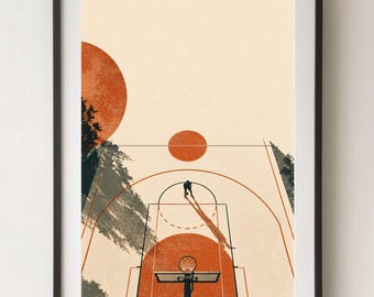 Può includere: Una stampa artistica incorniciata che mostra un campo da basket da una prospettiva elevata. Il campo è reso in tonalità crema e arancione bruciato con forme geometriche, la sagoma di un giocatore, un canestro e ombre scure di alberi.