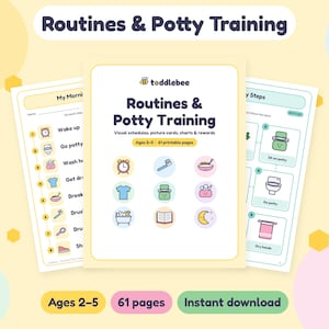 Peut inclure: Un ensemble de pages imprimables intitulées Routines & Potty Training par toddlebee, comprenant des emplois du temps visuels, des cartes illustrées, des tableaux et des récompenses pour les 2-5 ans. Les documents incluent des icônes colorées pour les tâches quotidiennes.