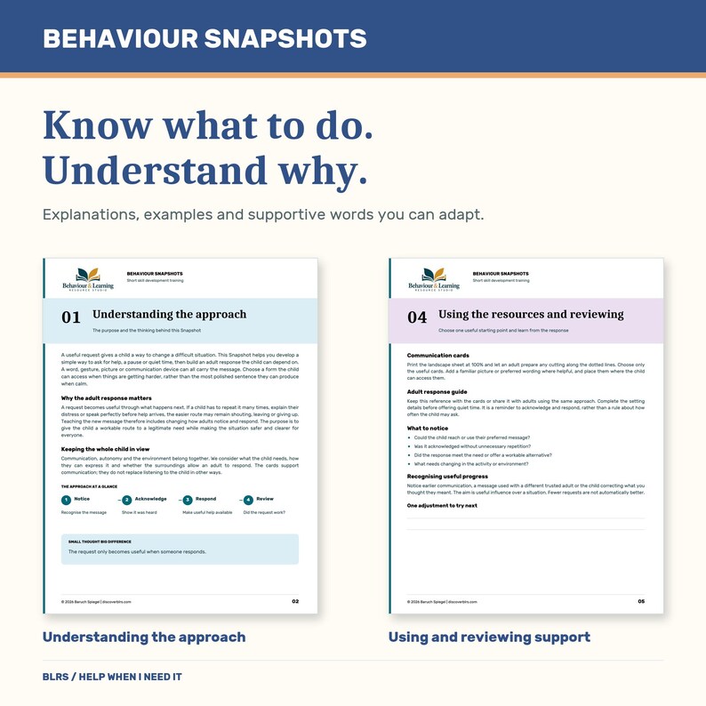 Op de afbeelding: Twee educatieve documenten getiteld Behaviour Snapshots. De linkerpagina, 01 Understanding the approach, beschrijft strategie&euml;n voor reacties van volwassenen. De rechterpagina, 04 Using the resources and reviewing, biedt richtlijnen voor communicatiekaarten.