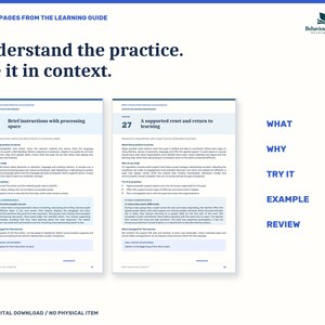K&ouml;nnte beinhalten: Eine Seite eines Lernleitfadens mit dem Titel Understand the practice. See it in context. Sie enth&auml;lt zwei Kapitel, 08 Brief instructions with processing space und 27 A supported reset and return to learning, mit den Abschnitten WHAT, WHY, TRY IT, EXAMPLE und REVIEW.