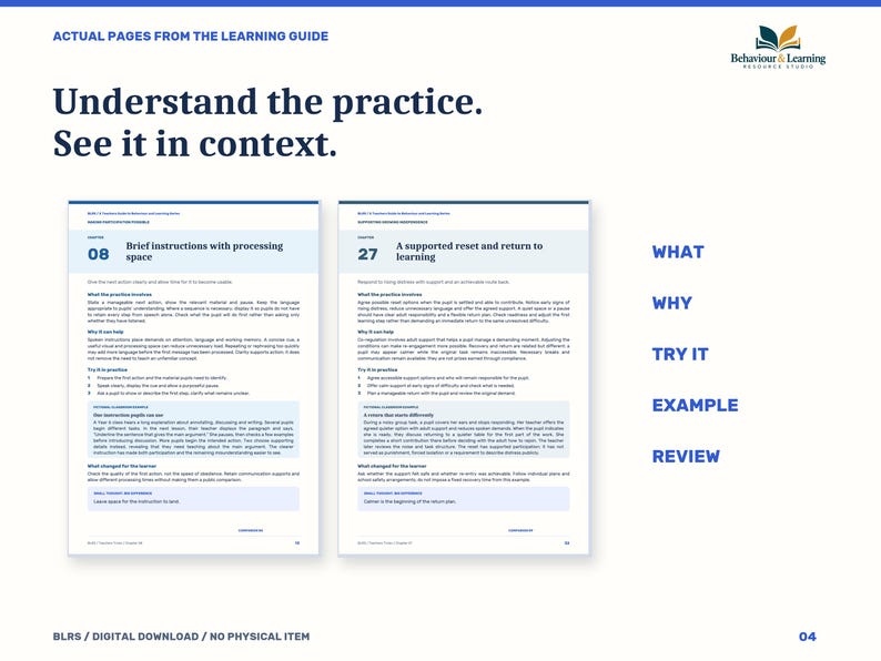 K&ouml;nnte beinhalten: Eine Seite eines Lernleitfadens mit dem Titel Understand the practice. See it in context. Sie enth&auml;lt zwei Kapitel, 08 Brief instructions with processing space und 27 A supported reset and return to learning, mit den Abschnitten WHAT, WHY, TRY IT, EXAMPLE und REVIEW.