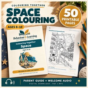 Könnte beinhalten: Ein digitales Malbuch mit dem Titel Colouring Together Space für 8- bis 10-Jährige mit 50 druckbaren Seiten. Das Cover zeigt einen Astronauten auf einem Planeten mit Rakete und Saturn. Enthält eine Beispielseite eines Gewächshauses.
