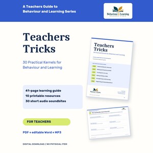 K&ouml;nnte beinhalten: Ein digitaler Lernleitfaden mit dem Titel Teachers Tricks: 30 Practical Kernels for Behaviour and Learning. Enth&auml;lt einen 41-seitigen Leitfaden, 10 druckbare Ressourcen und 30 Audio-Soundbites in PDF-, Word- und MP3-Formaten f&uuml;r Lehrkr&auml;fte.