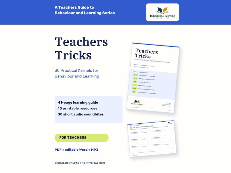K&ouml;nnte beinhalten: Ein digitaler Lernleitfaden mit dem Titel Teachers Tricks: 30 Practical Kernels for Behaviour and Learning. Enth&auml;lt einen 41-seitigen Leitfaden, 10 druckbare Ressourcen und 30 Audio-Soundbites in PDF-, Word- und MP3-Formaten f&uuml;r Lehrkr&auml;fte.