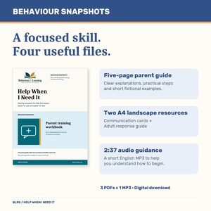 Op de afbeelding: Een digitale bronnenset getiteld Behaviour Snapshots: Help When I Need It. Bevat een oudergids van vijf pagina's, twee A4-landschap bronnen en een 2:37 audiobegeleiding MP3-bestand. De set bestaat uit drie PDF's en &eacute;&eacute;n MP3-bestand.