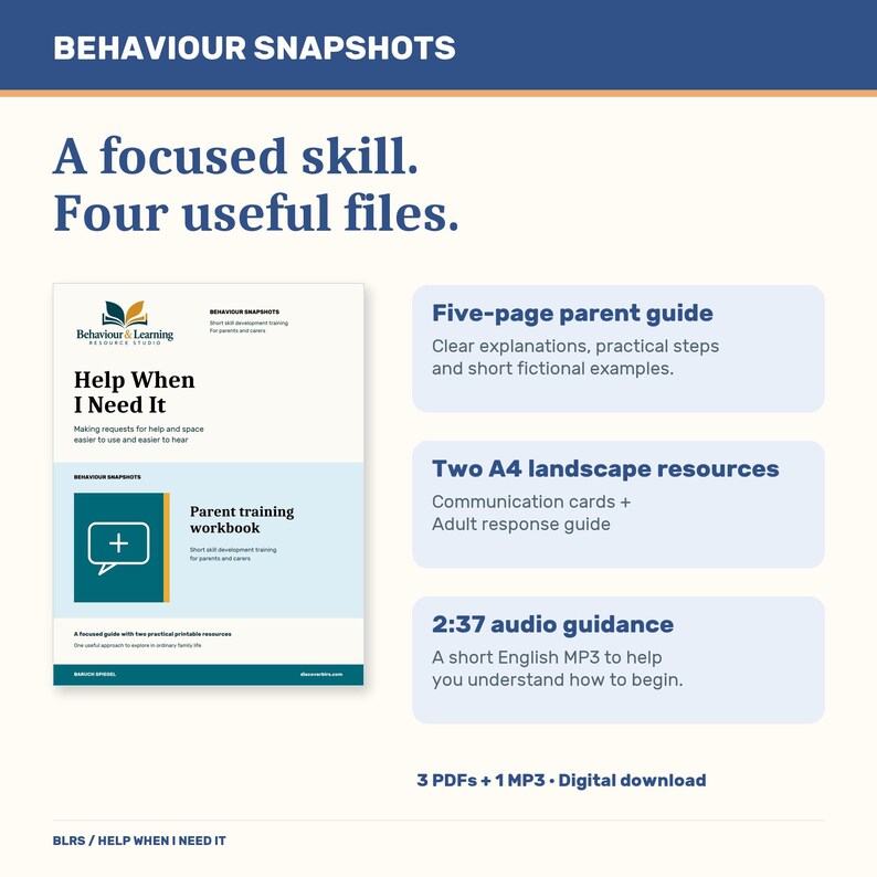 Op de afbeelding: Een digitale bronnenset getiteld Behaviour Snapshots: Help When I Need It. Bevat een oudergids van vijf pagina's, twee A4-landschap bronnen en een 2:37 audiobegeleiding MP3-bestand. De set bestaat uit drie PDF's en &eacute;&eacute;n MP3-bestand.