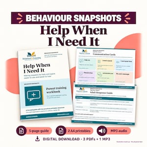 Op de afbeelding: Een digitale downloadset getiteld Behaviour Snapshots: Help When I Need It, met een werkboek voor ouder-training, communicatiekaarten en een antwoordgids voor volwassenen, voorzien van tekst en iconen.