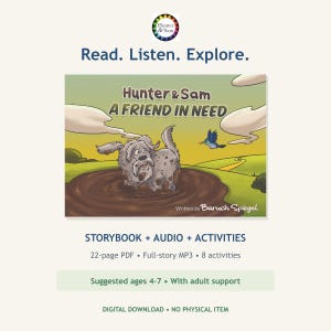 Könnte beinhalten: Ein digitales Bilderbuch mit dem Titel Hunter & Sam A Friend in Need, das einen schlammigen Hund und einen kleinen Vogel in einer Landschaft zeigt. Enthält Audio und Aktivitäten sowie den Text Read. Listen. Explore. und Written by Baruch Spiegel.