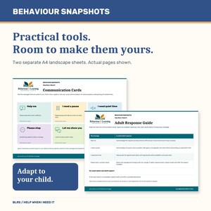 Op de afbeelding: Twee A4-vellen in liggend formaat getiteld Behaviour Snapshots. E&eacute;n vel bevat communicatiekaarten met zinnen zoals Help me en I need a pause. Het tweede vel is een responsgids voor volwassenen met een tabel met instructies.