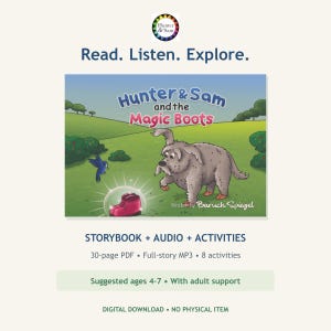 Könnte beinhalten: Ein digitales Bilderbuch mit dem Titel Hunter & Sam and the Magic Boots, das einen grauen Hund zeigt, der einen leuchtenden pinken Stiefel auf einer grünen Wiese betrachtet. Der Text umfasst Read. Listen. Explore., STORYBOOK + AUDIO + ACTIVITIES.