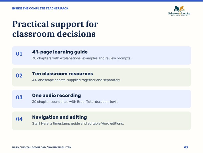 K&ouml;nnte beinhalten: Ein digitales Lehrerpaket mit dem Titel Practical support for classroom decisions. Es listet vier Komponenten auf: einen 41-seitigen Lernleitfaden mit 30 Kapiteln, zehn Unterrichtsmaterialien, eine Audioaufnahme und Werkzeuge zur Bearbeitung.